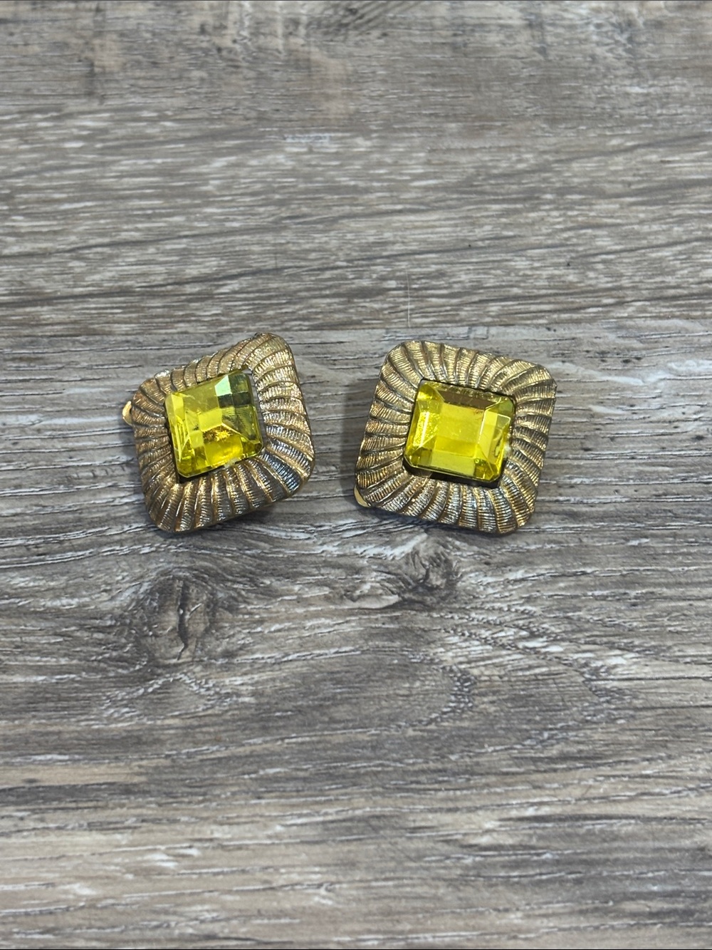 Vintage Gold-Tone Clip On Earrings with Yellow Gemstone Accent